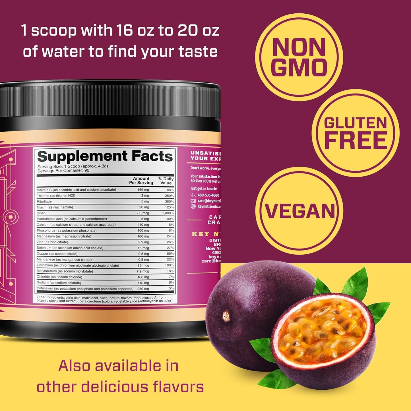 Passion Fruit Electrolyte Powder - Sugar-Free Multivitamin Supplement for Endurance & Energy - Hydration Powder with Key Nutrients - 90 Servings, Made in USA