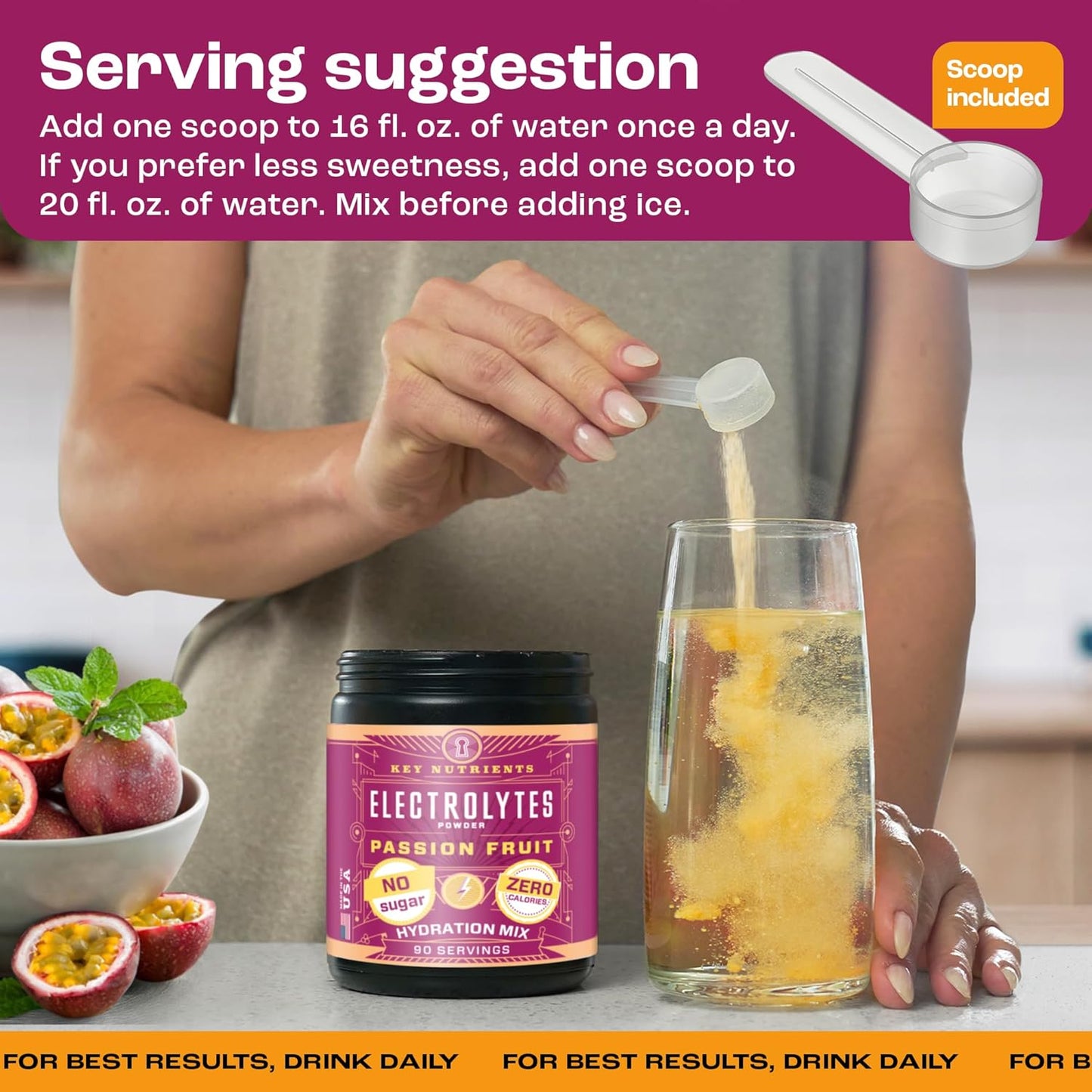 Passion Fruit Electrolyte Powder - Sugar-Free Multivitamin Supplement for Endurance & Energy - Hydration Powder with Key Nutrients - 90 Servings, Made in USA