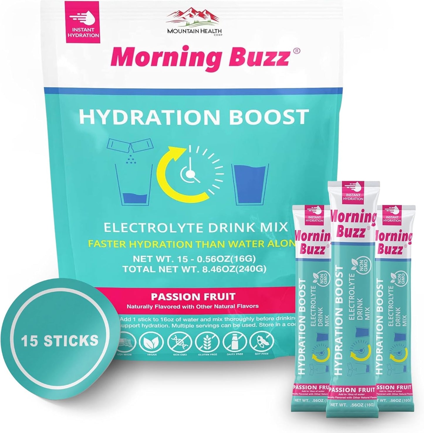 Passion Fruit Electrolyte Powder Drink Mix for Morning Hydration - 15 Convenient Single-Serving Sticks