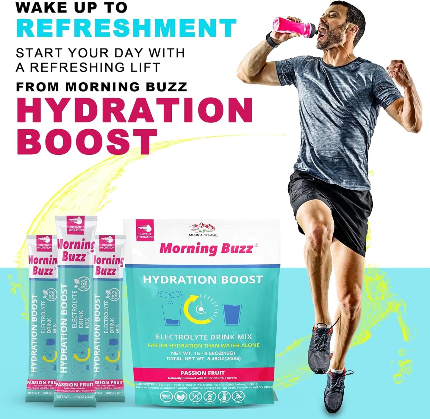 Passion Fruit Electrolyte Powder Drink Mix for Morning Hydration - 15 Convenient Single-Serving Sticks