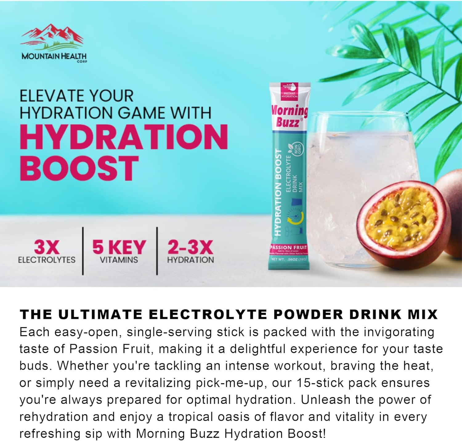 Passion Fruit Electrolyte Powder Drink Mix for Morning Hydration - 15 Convenient Single-Serving Sticks