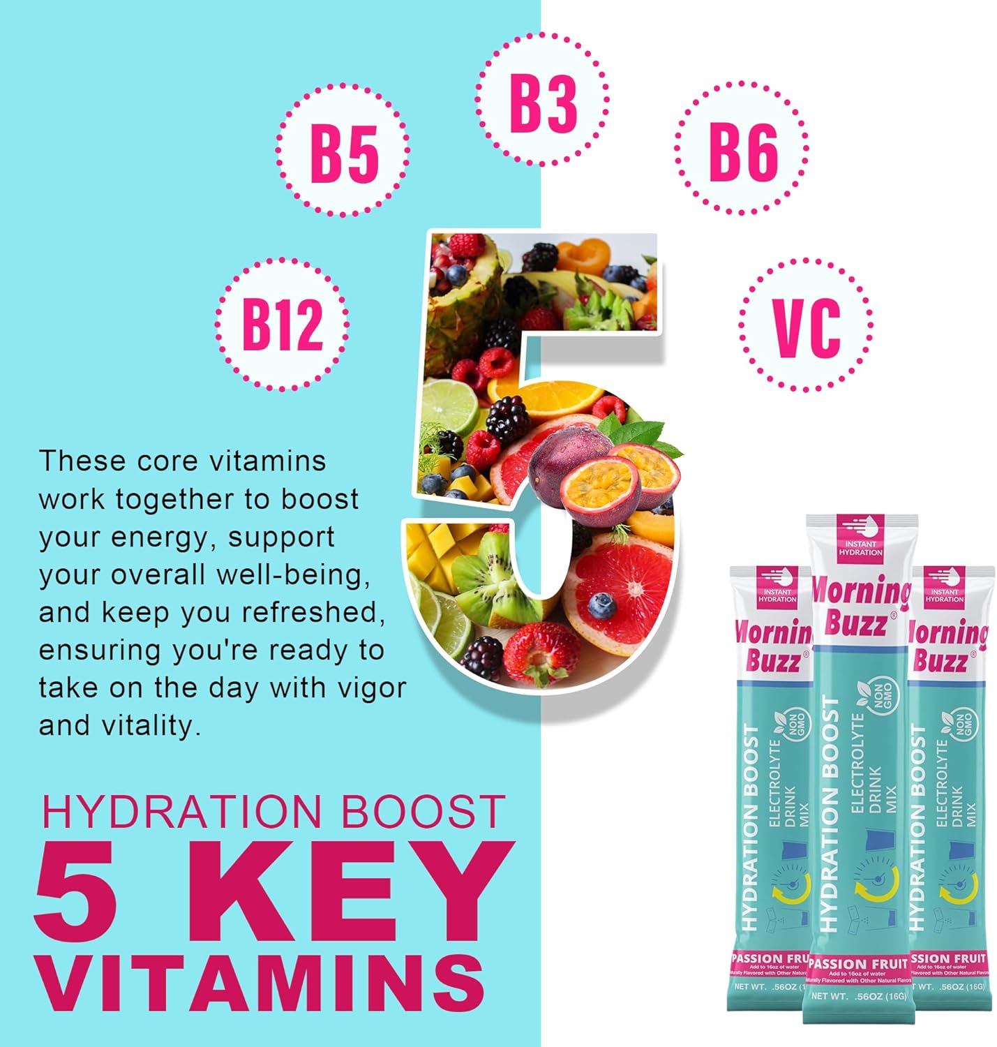 Passion Fruit Electrolyte Powder Drink Mix for Morning Hydration - 15 Convenient Single-Serving Sticks