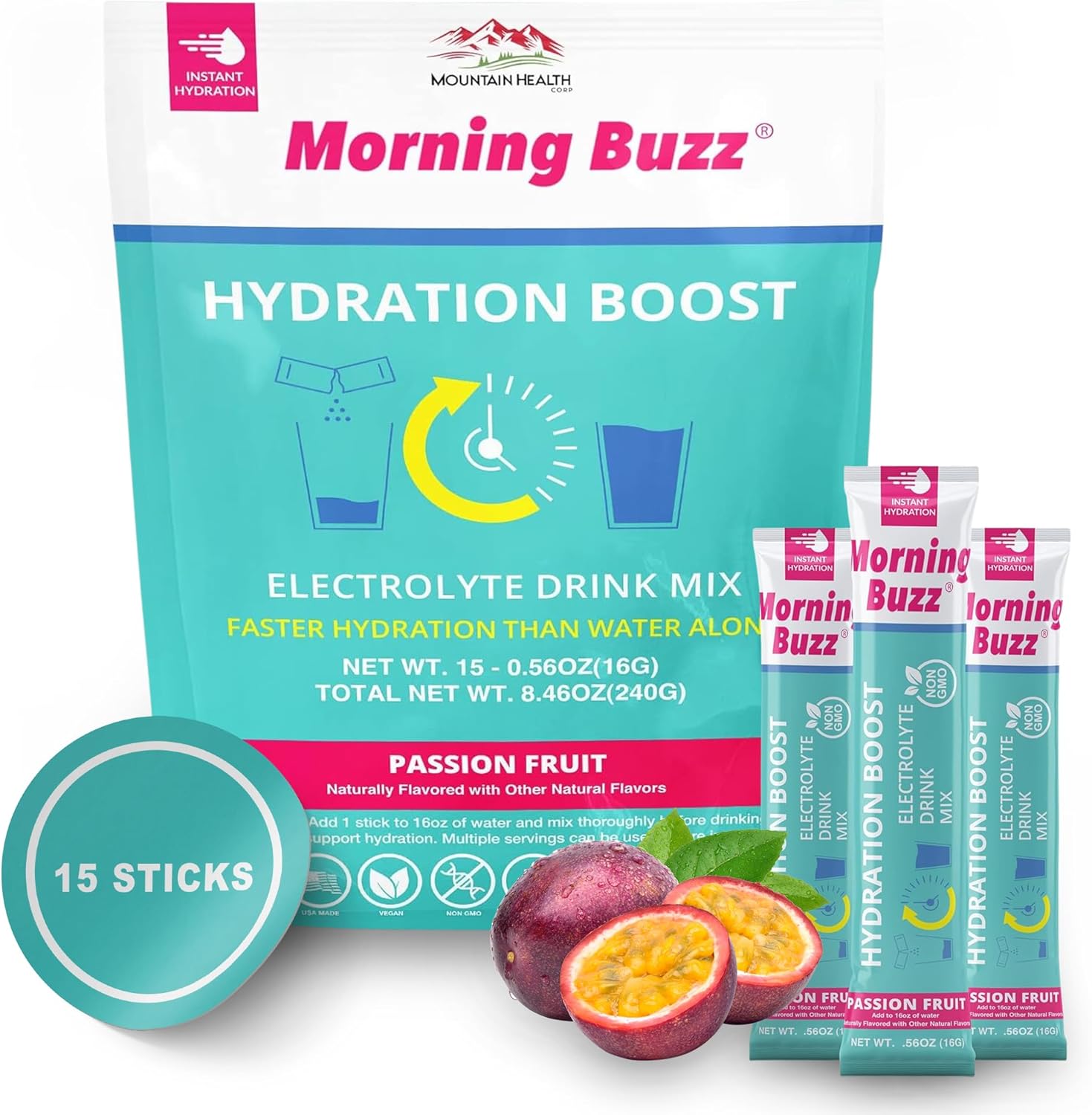 Passion Fruit Electrolyte Powder Drink Mix for Morning Hydration - 15 Convenient Single-Serving Sticks