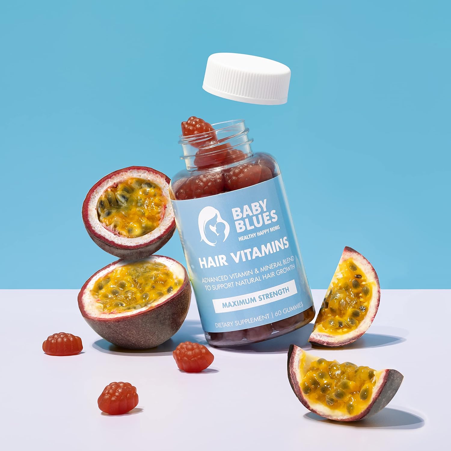 Passion Fruit Gummies for Postpartum Hair Loss with Biotin, Collagen, & Folate - Baby Blues Hair Vitamins