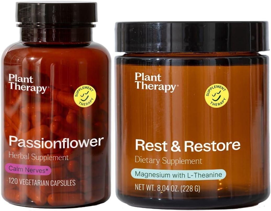 Passionflower Herbal Supplement Capsules and Magnesium Rest & Restore Powder for Natural Relaxation