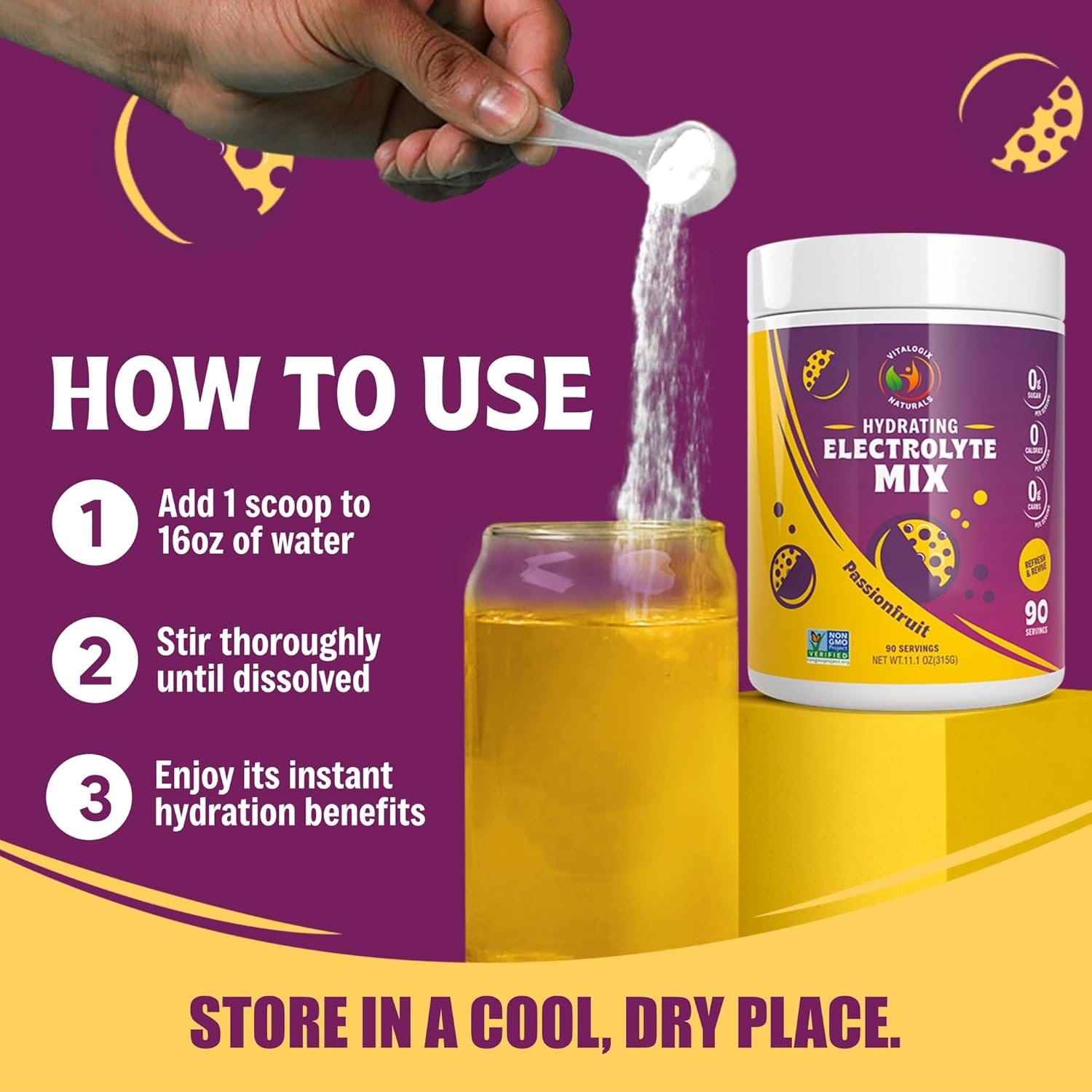 Passionfruit Electrolyte Powder - Sugar-Free Hydration Mix, Zero Calories, Carbs, Artificial Ingredients - Keto, Vegan-Friendly - 90 Servings