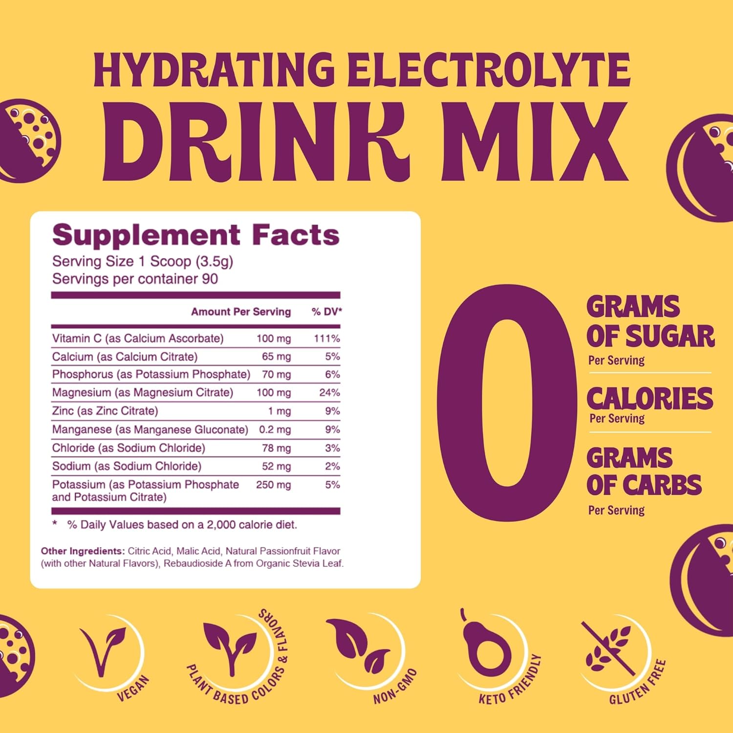 Passionfruit Electrolyte Powder - Sugar-Free Hydration Mix, Zero Calories, Carbs, Artificial Ingredients - Keto, Vegan-Friendly - 90 Servings