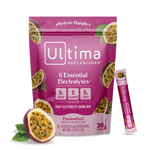 Passionfruit Ultima Replenisher Electrolyte Powder Drink Mix - 20 Stickpacks, Keto Friendly & Sugar-Free - Hydration Packets with 6 Electrolytes & Trace Minerals