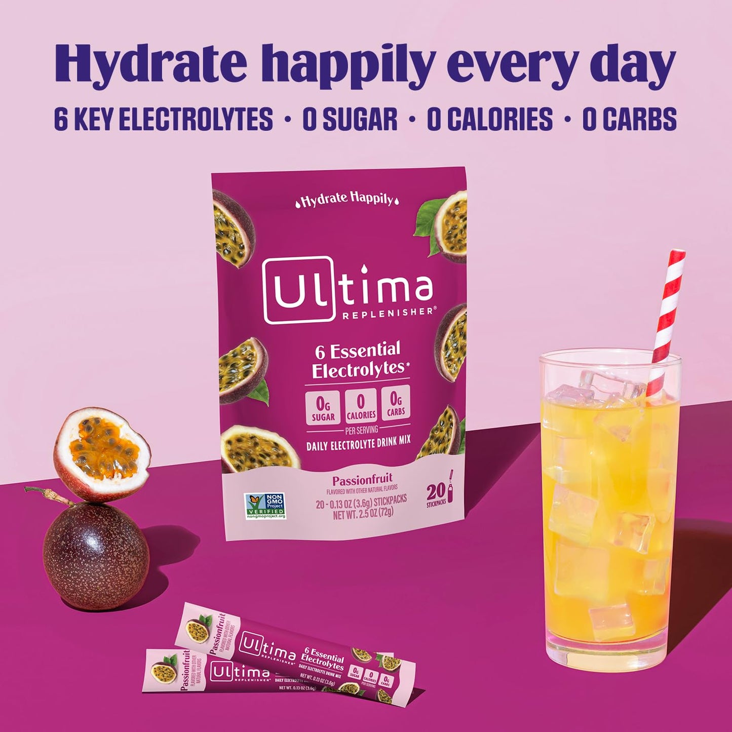 Passionfruit Ultima Replenisher Electrolyte Powder Drink Mix - 20 Stickpacks, Keto Friendly & Sugar-Free - Hydration Packets with 6 Electrolytes & Trace Minerals