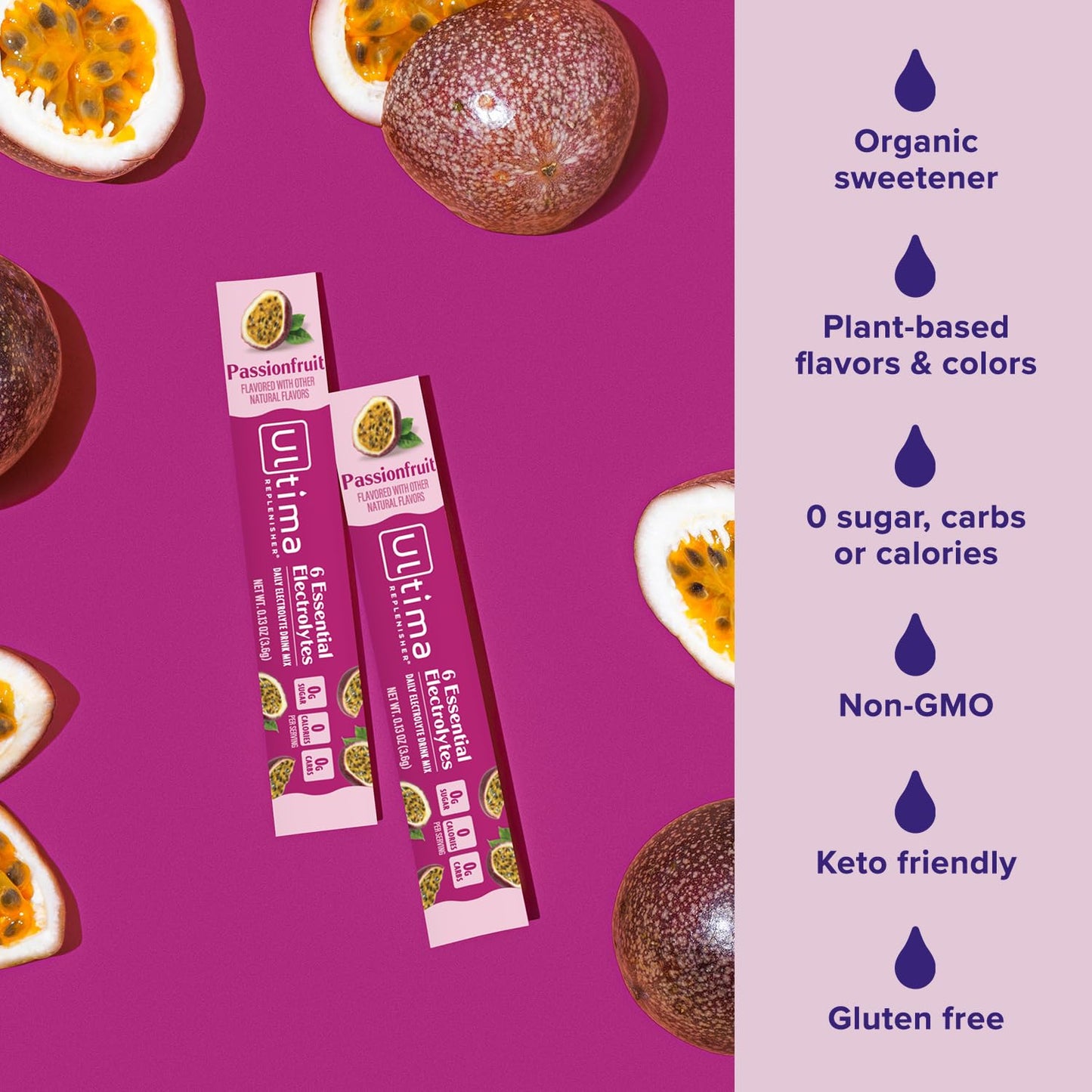 Passionfruit Ultima Replenisher Electrolyte Powder Drink Mix - 20 Stickpacks, Keto Friendly & Sugar-Free - Hydration Packets with 6 Electrolytes & Trace Minerals