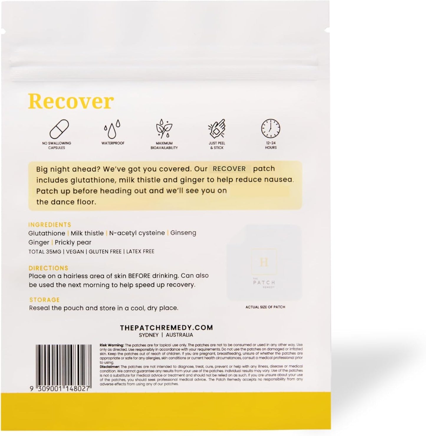 Patch Remedy Recover Patch - 30 Topical Patches with Glutathione & Milk Thistle for Pre & Post Party Recovery