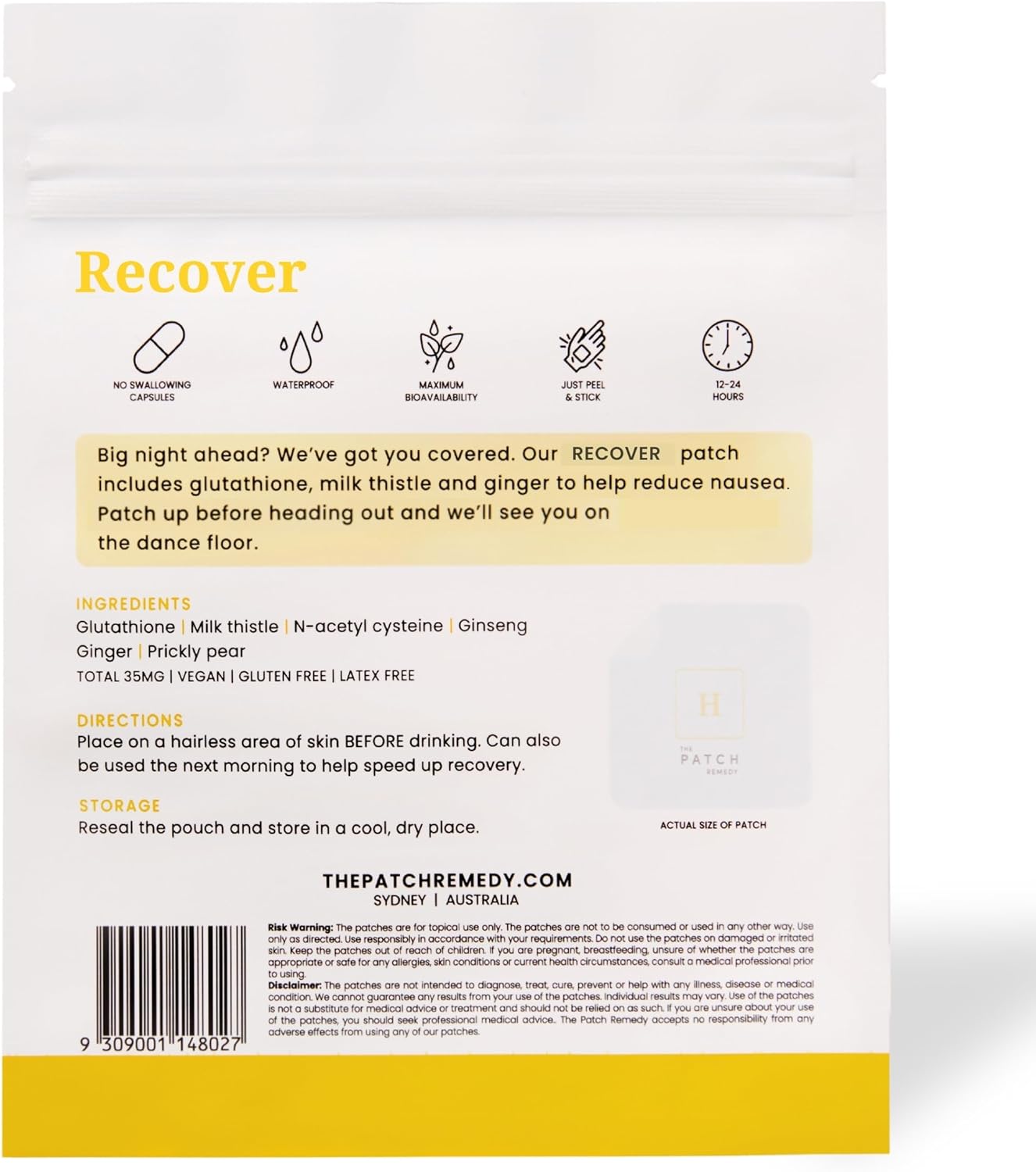Patch Remedy Recover Patch - 30 Topical Patches with Glutathione & Milk Thistle for Pre & Post Party Recovery