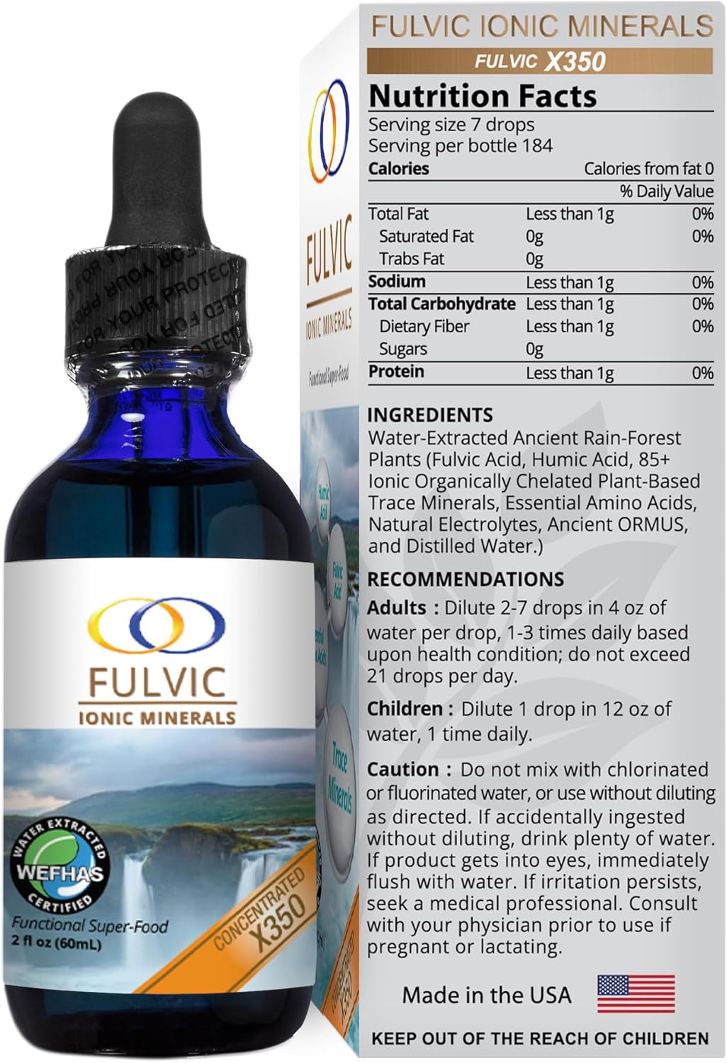 Patented BioActive Fulvic Ionic Minerals X350 - Water Extracted with Humic Acid, Trace Minerals, Electrolytes & Amino Acids - 8+ Month Supply