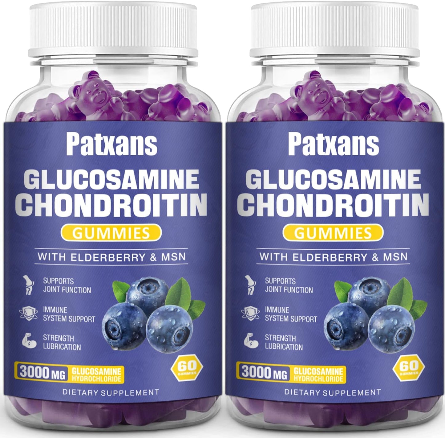 Patxans 2 Pack Glucosamine Chondroitin Gummies - Extra Strength Joint Health Support with MSM Elderberry - 3000MG Supplement for Flexibility and Immune Support - 120 Gummies