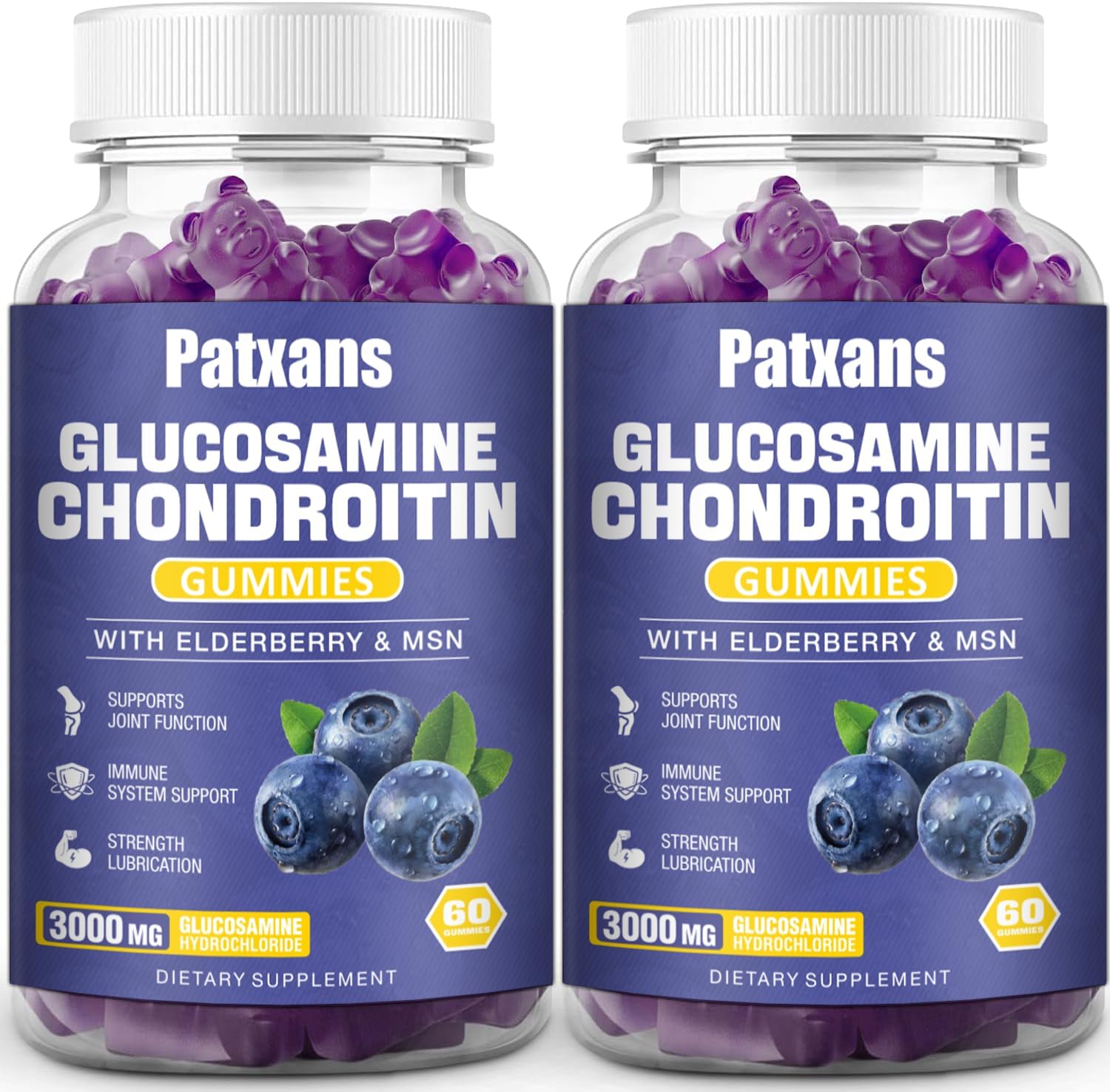 Patxans 2 Pack Glucosamine Chondroitin Gummies - Extra Strength Joint Health Support with MSM Elderberry - 3000MG Supplement for Flexibility and Immune Support - 120 Gummies