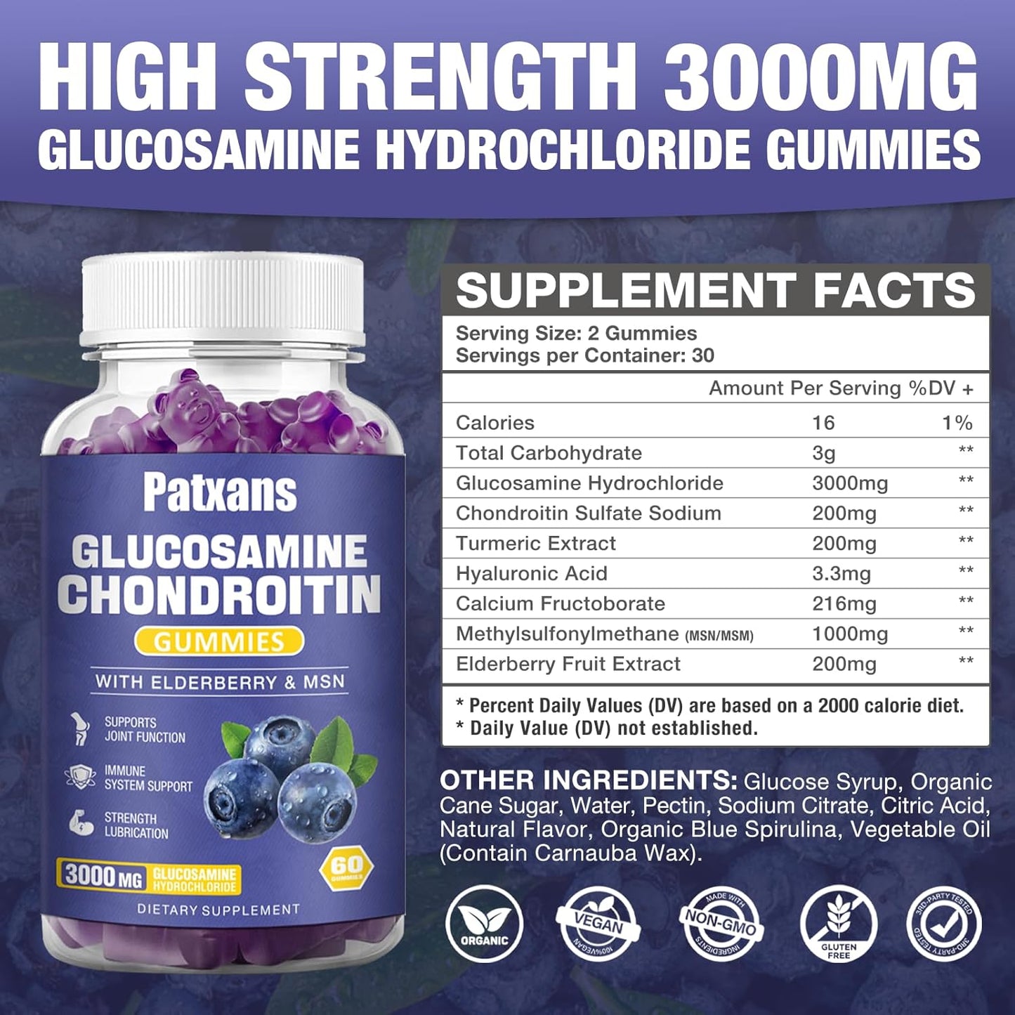 Patxans 2 Pack Glucosamine Chondroitin Gummies - Extra Strength Joint Health Support with MSM Elderberry - 3000MG Supplement for Flexibility and Immune Support - 120 Gummies