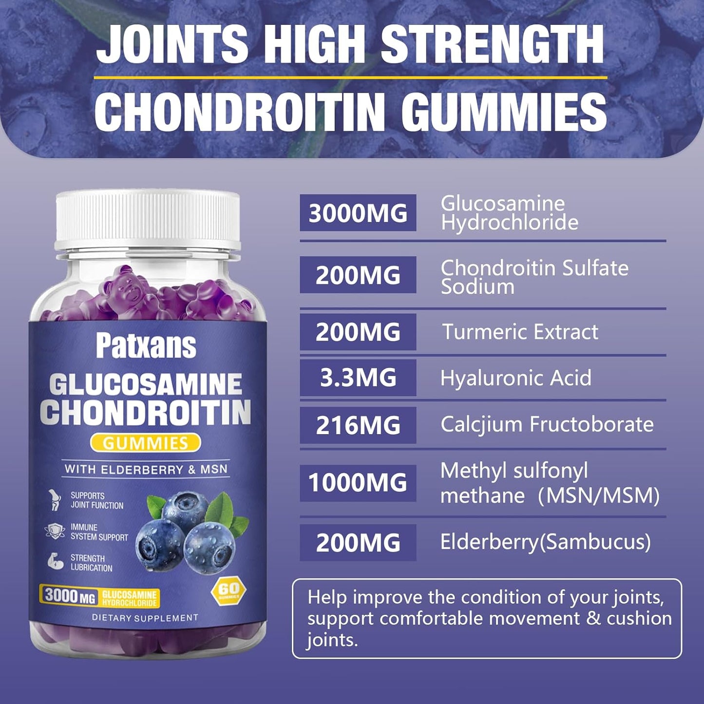 Patxans 2 Pack Glucosamine Chondroitin Gummies - Extra Strength Joint Health Support with MSM Elderberry - 3000MG Supplement for Flexibility and Immune Support - 120 Gummies