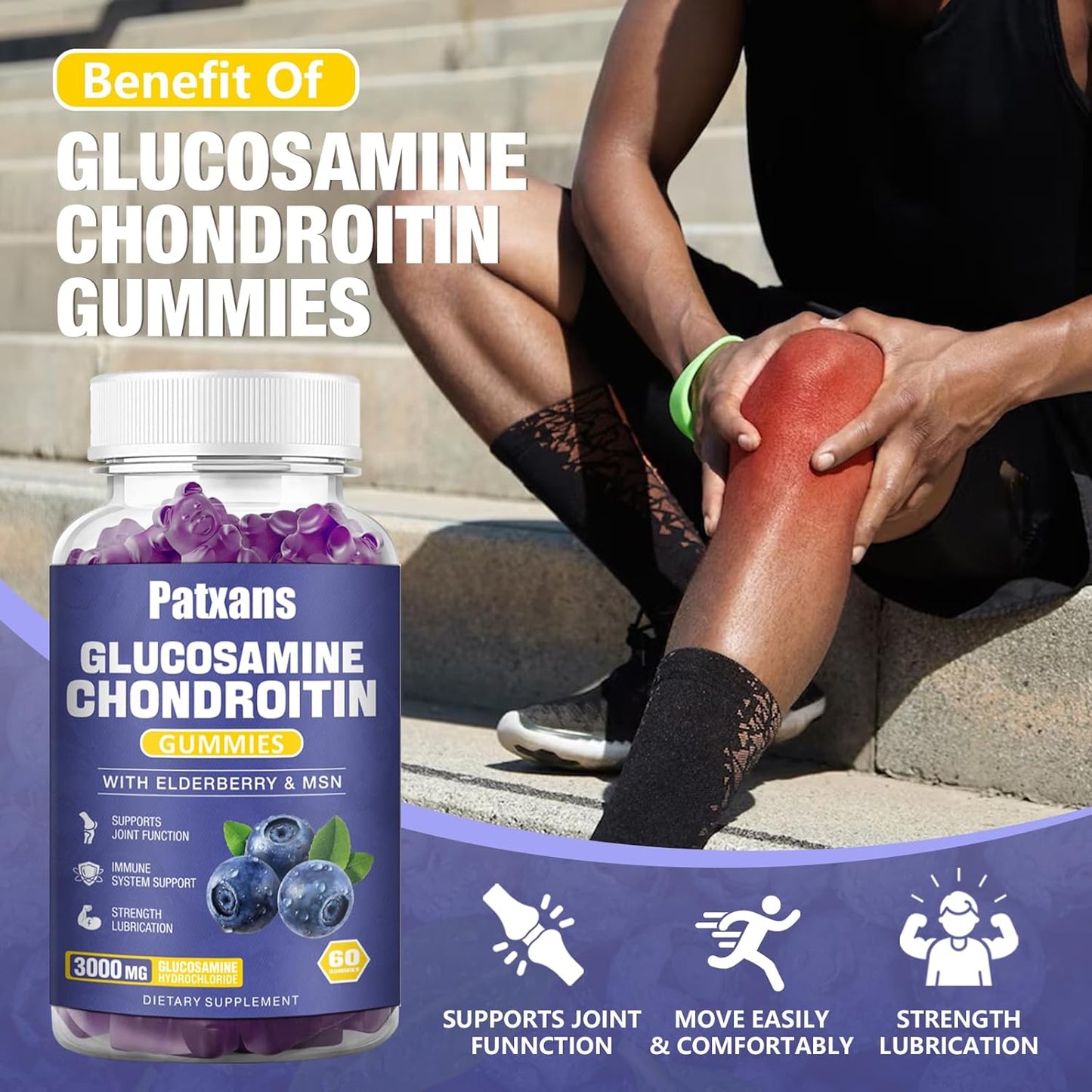 Patxans 2 Pack Glucosamine Chondroitin Gummies - Extra Strength Joint Health Support with MSM Elderberry - 3000MG Supplement for Flexibility and Immune Support - 120 Gummies