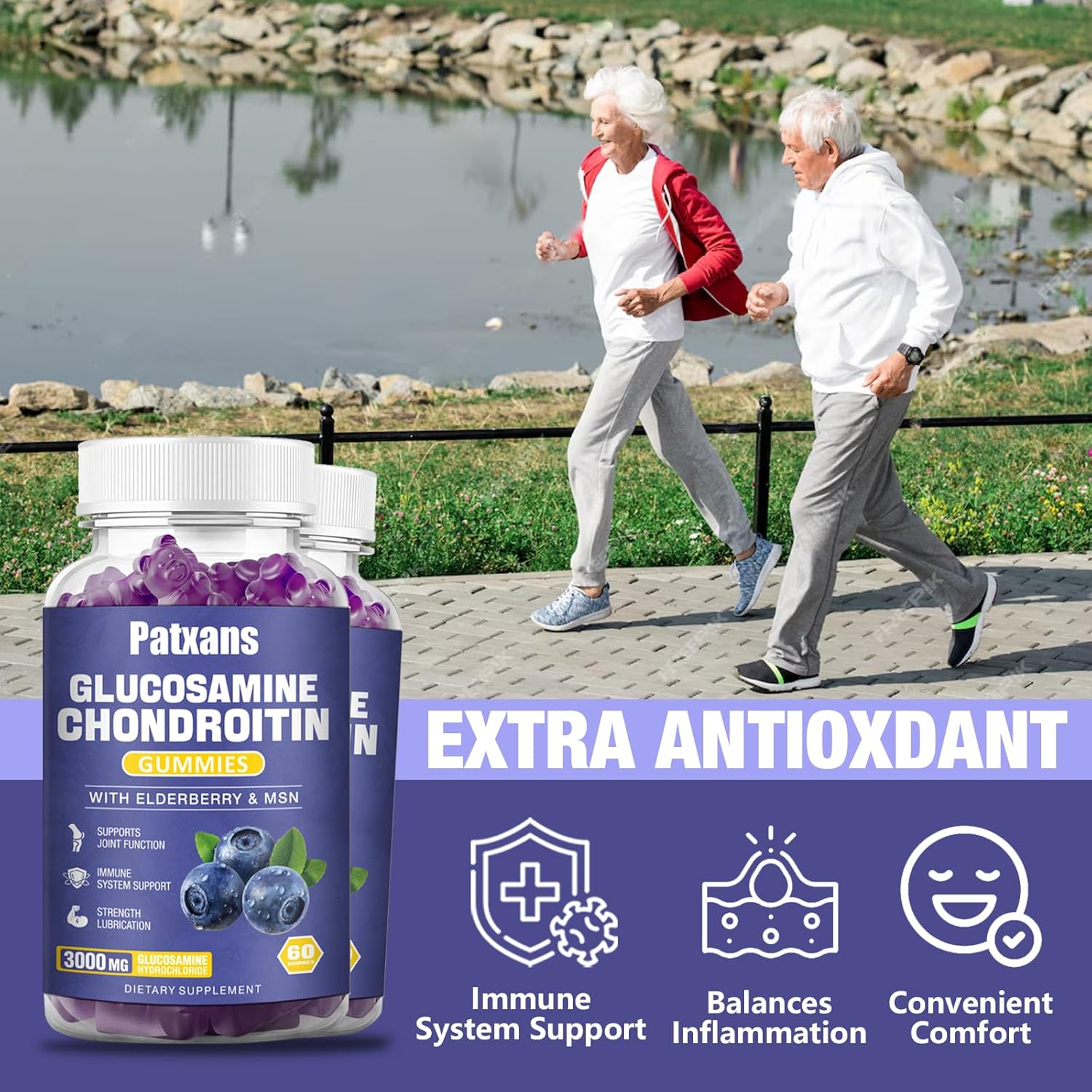 Patxans 2 Pack Glucosamine Chondroitin Gummies - Extra Strength Joint Health Support with MSM Elderberry - 3000MG Supplement for Flexibility and Immune Support - 120 Gummies