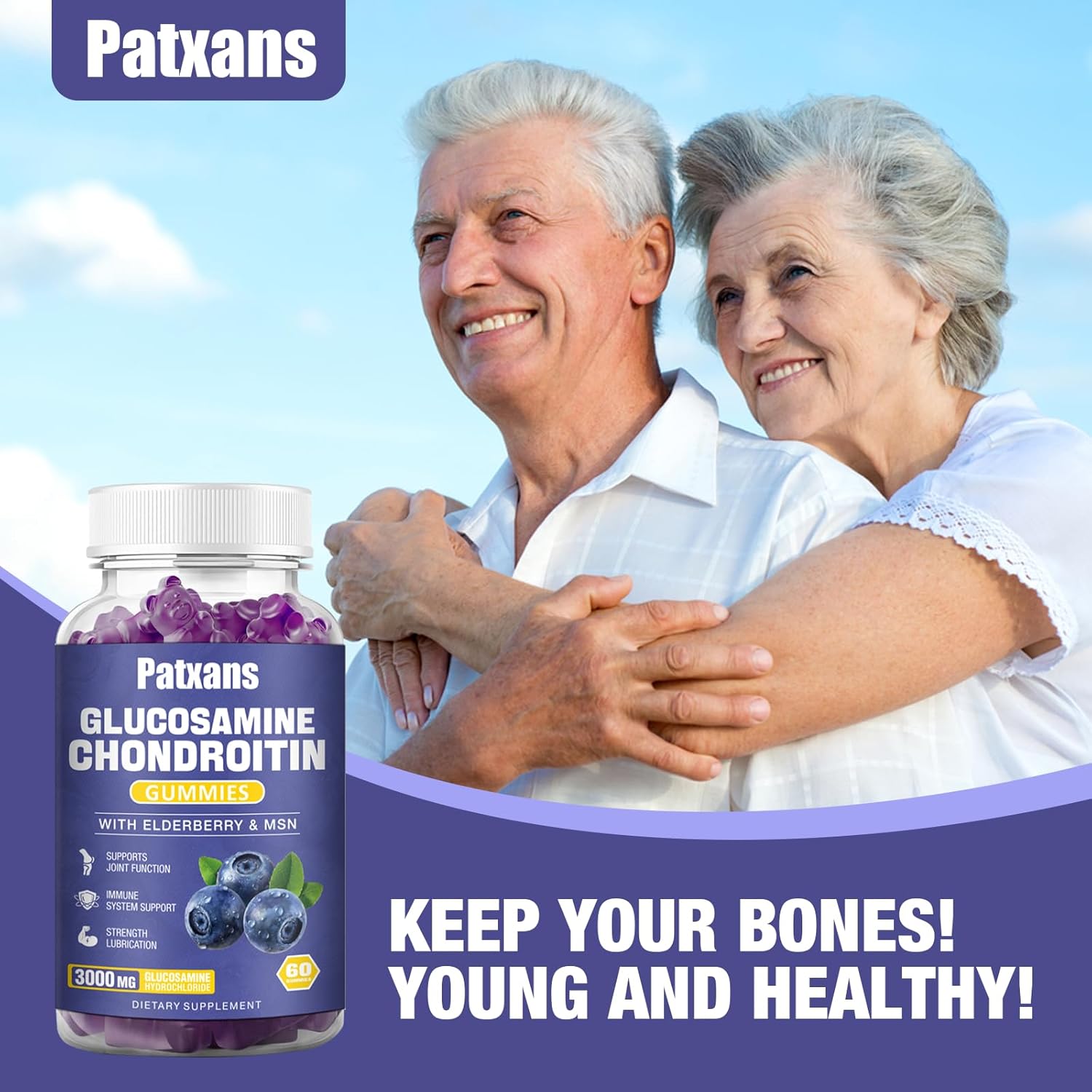 Patxans 2 Pack Glucosamine Chondroitin Gummies - Extra Strength Joint Health Support with MSM Elderberry - 3000MG Supplement for Flexibility and Immune Support - 120 Gummies