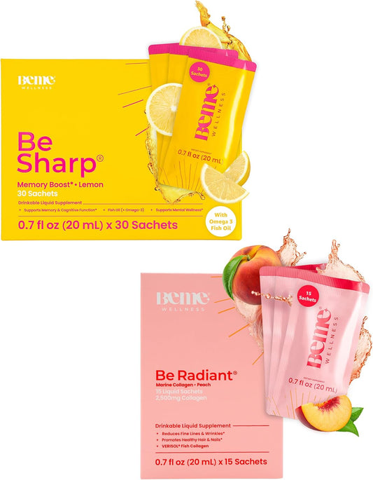 Peach Bundle: BeMe BeSharp & BeRadiant Liquid Omega-3 and Collagen Drink Supplements