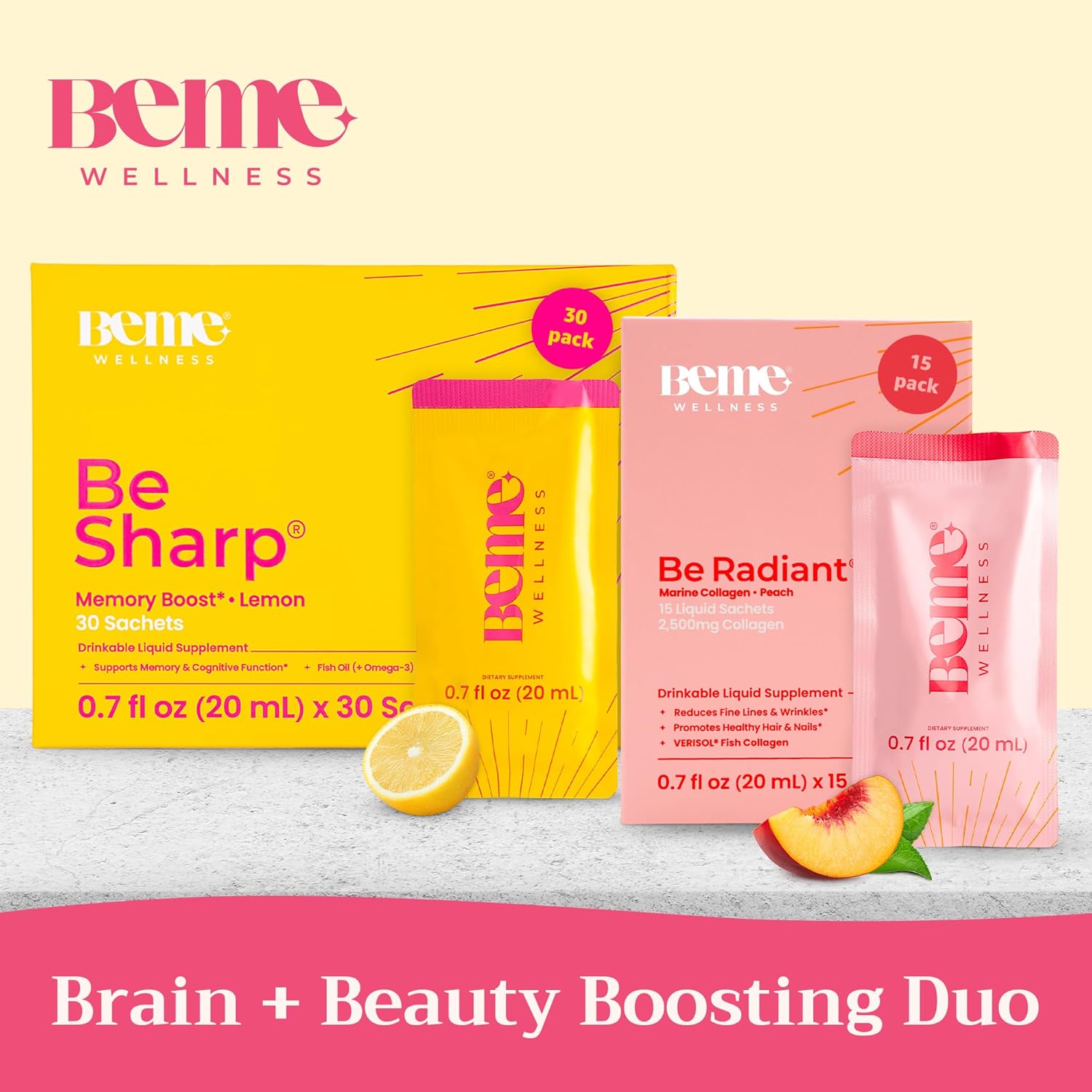 Peach Bundle: BeMe BeSharp & BeRadiant Liquid Omega-3 and Collagen Drink Supplements