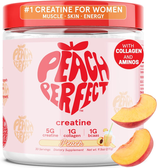 Peach Flavored Glute Builder Creatine for Women with Collagen and BCAAs, 5g Vegan Micronized Creatine per Serving for Energy and Muscle Support - 30 Servings