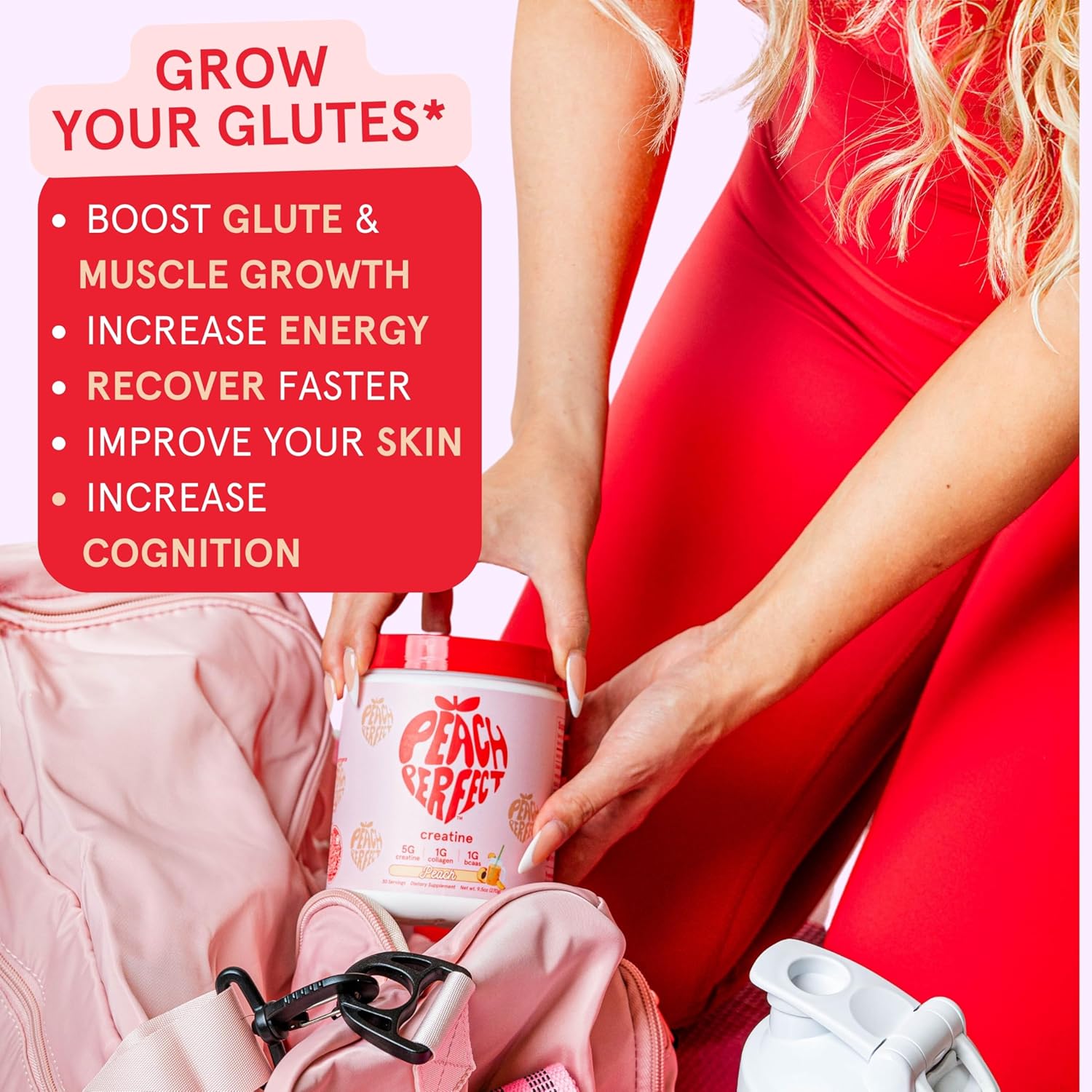 Peach Flavored Glute Builder Creatine for Women with Collagen and BCAAs, 5g Vegan Micronized Creatine per Serving for Energy and Muscle Support - 30 Servings