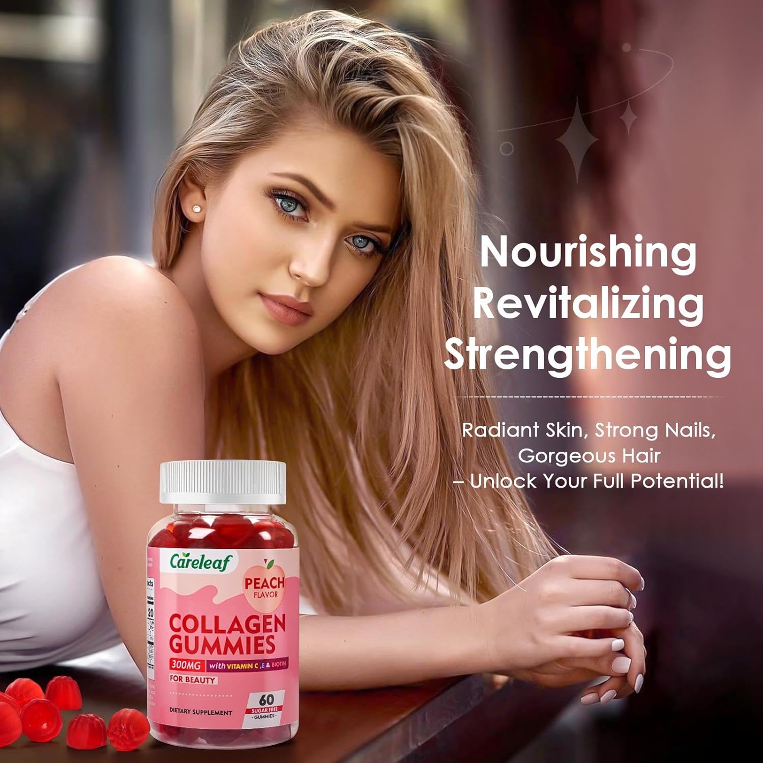 Peach Flavored Sugar-Free Collagen Gummies with Vitamin C & E for Hair, Nails, Bones - 60 Gummies