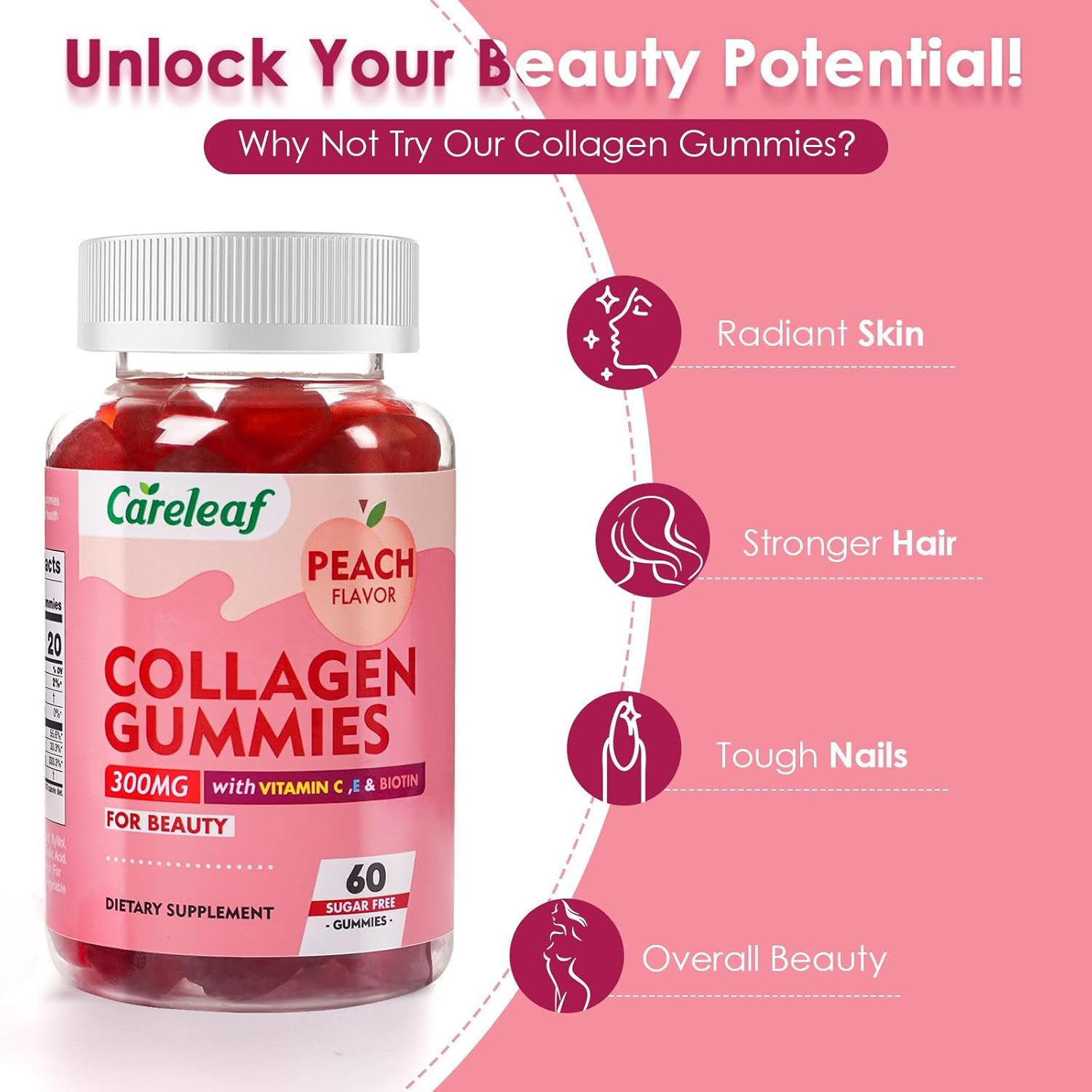 Peach Flavored Sugar-Free Collagen Gummies with Vitamin C & E for Hair, Nails, Bones - 60 Gummies