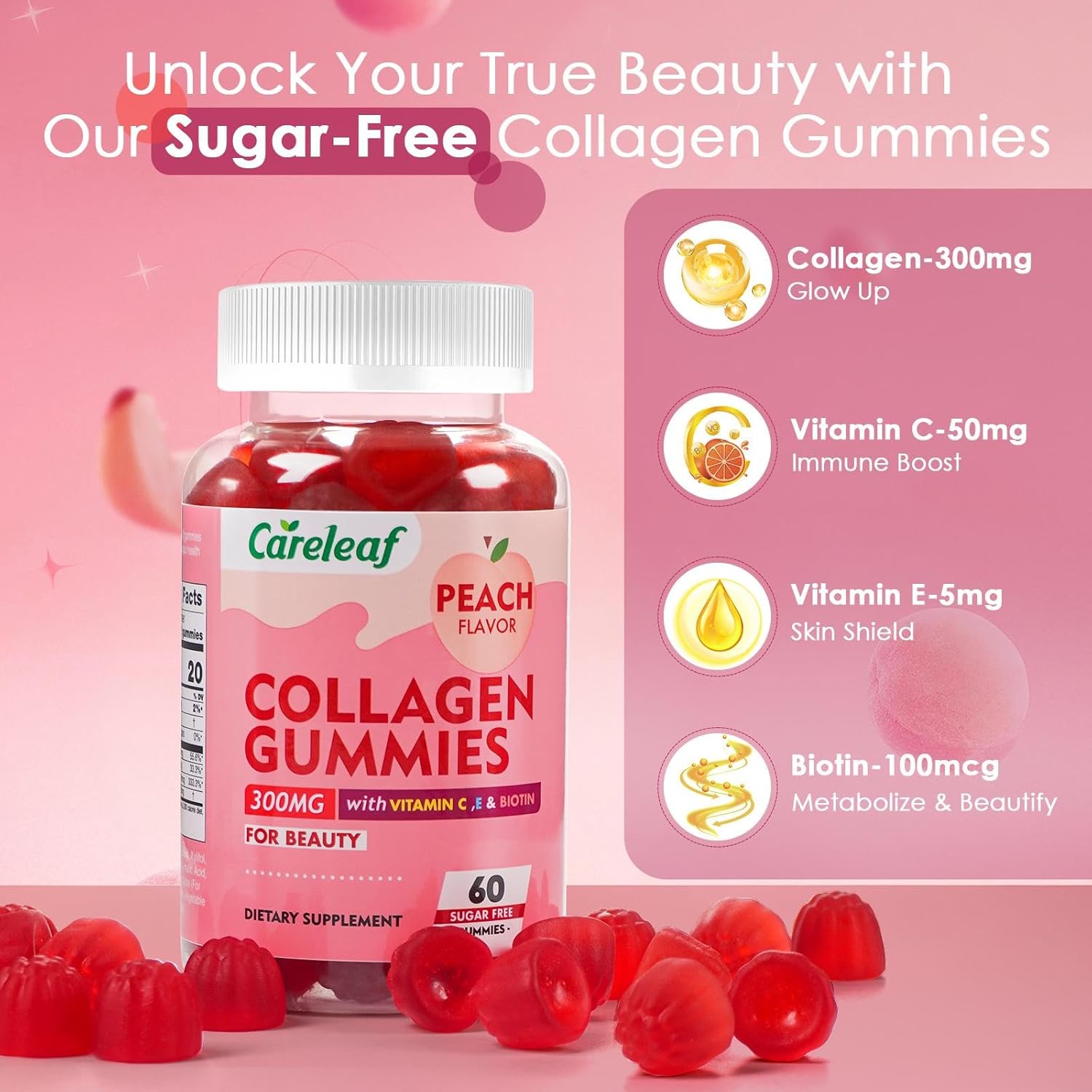 Peach Flavored Sugar-Free Collagen Gummies with Vitamin C & E for Hair, Nails, Bones - 60 Gummies