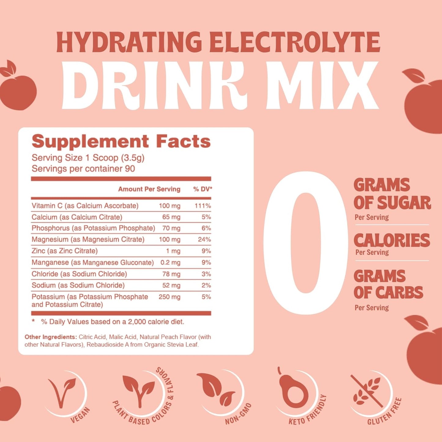 Peach Hydration Powder - Sugar-Free Electrolyte Drink Mix, Keto & Vegan-Friendly - 90 Servings