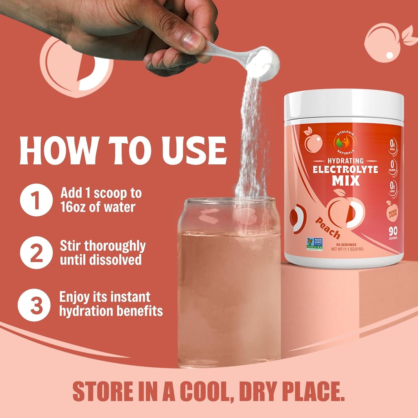 Peach Hydration Powder - Sugar-Free Electrolyte Drink Mix, Keto & Vegan-Friendly - 90 Servings