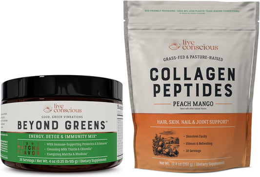 Peach Mango Beyond Greens & Collagen Peptides with Mushroom Coffee Alternative for Hair, Skin, Nails, and Joints