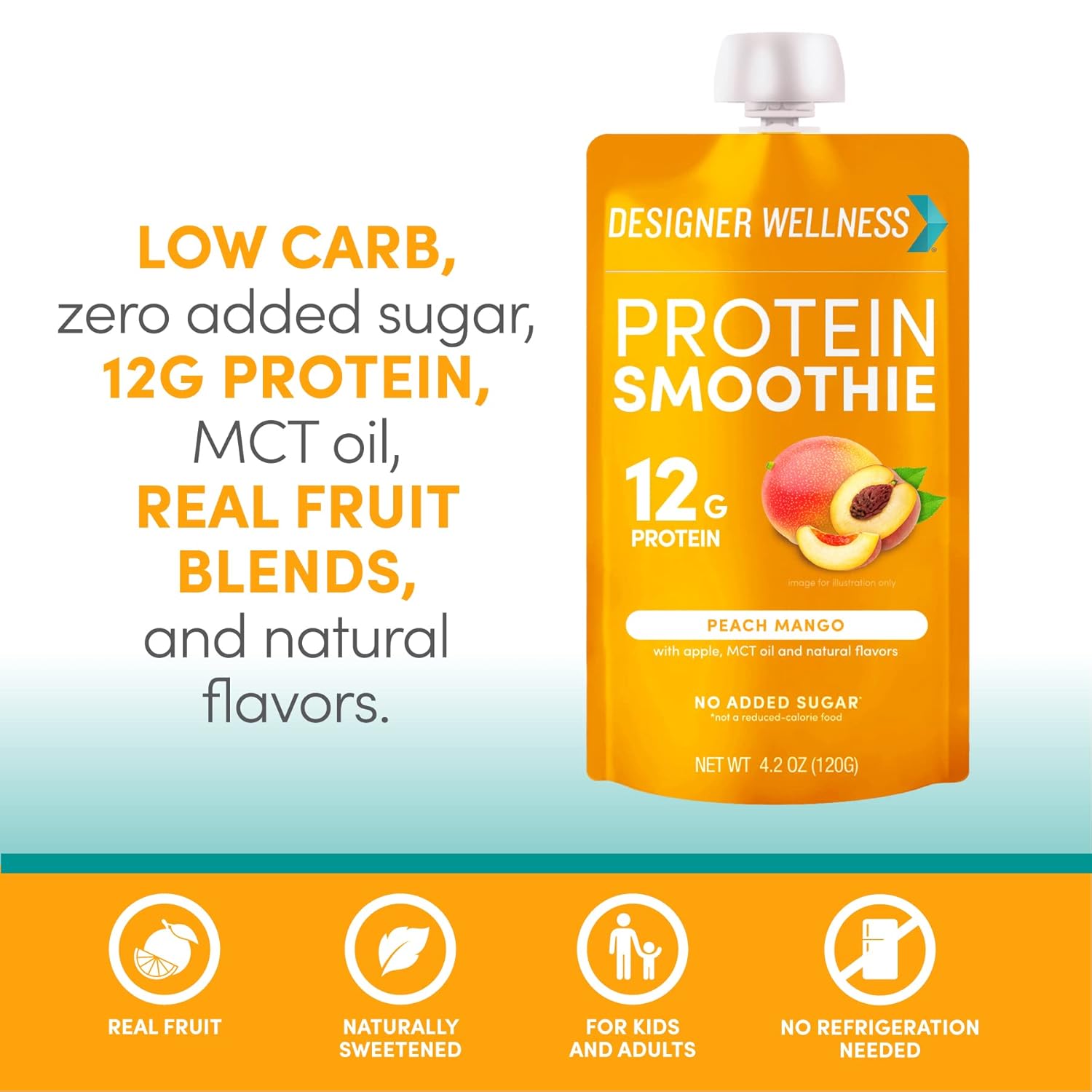 Peach Mango Designer Wellness Protein Smoothie - 12g Protein, Low Carb, Gluten-Free - 12 Pack