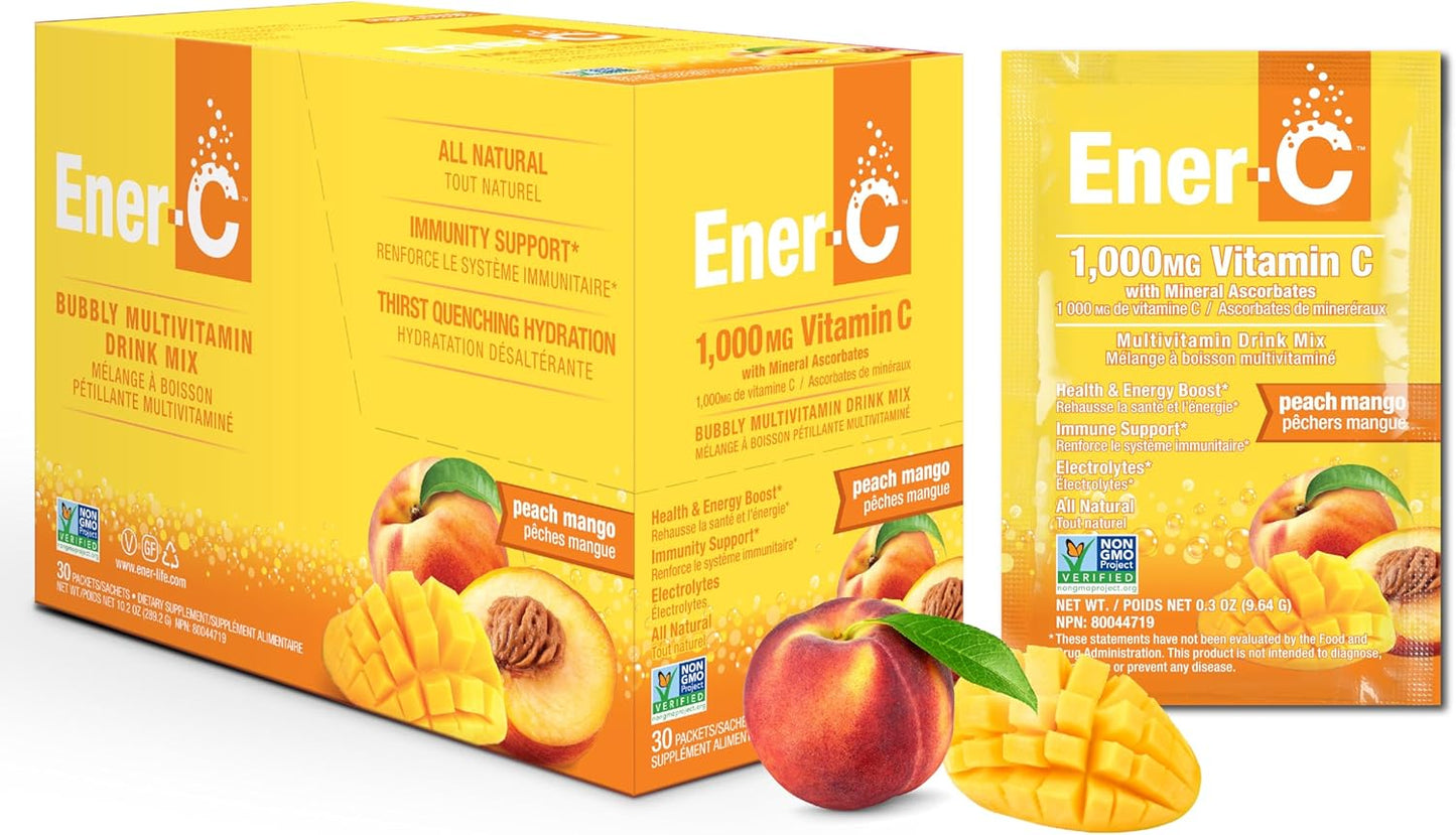 Peach Mango Ener-C Multivitamin Drink Mix Powder - 1000mg Vitamin C & Electrolytes - Natural Energy & Immune Support - Non-GMO Vegan & Gluten Free - 30 Packets