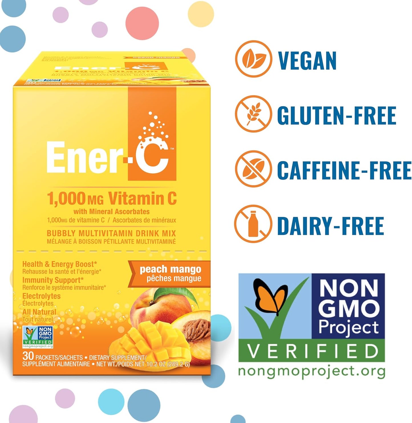 Peach Mango Ener-C Multivitamin Drink Mix Powder - 1000mg Vitamin C & Electrolytes - Natural Energy & Immune Support - Non-GMO Vegan & Gluten Free - 30 Packets