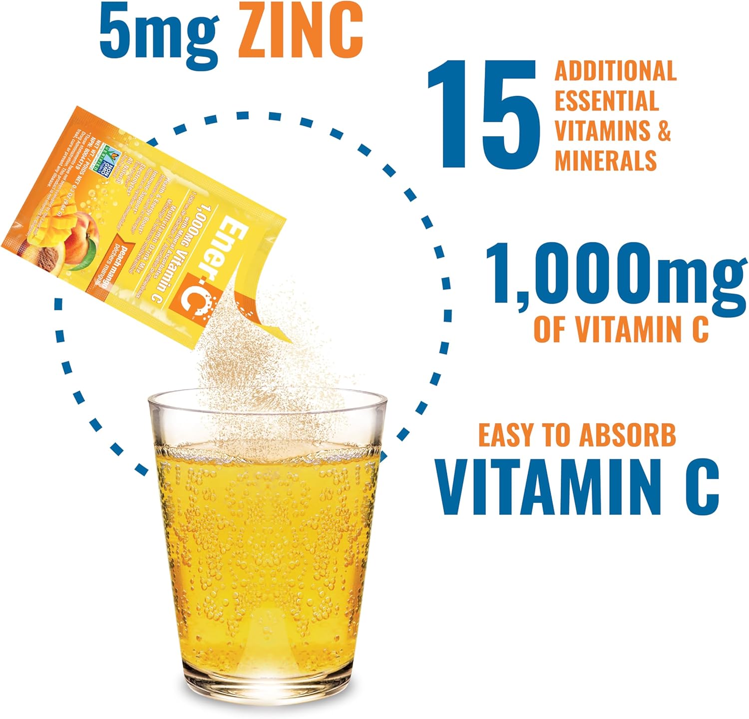 Peach Mango Ener-C Multivitamin Drink Mix Powder - 1000mg Vitamin C & Electrolytes - Natural Energy & Immune Support - Non-GMO Vegan & Gluten Free - 30 Packets
