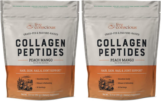 Peach Mango Flavored Collagen Peptides Powder - Hair, Skin, Nail, & Joint Support - Grass-Fed Type I & III Collagen - 2-Pack for Women and Men