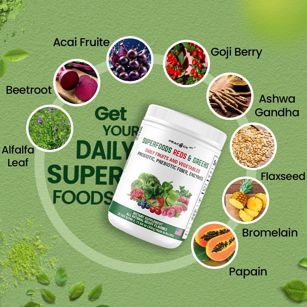 Peacock Max Superfood Reds & Greens Powder - 11.64 oz, Prebiotics & Probiotics for Digestive Health, Vegan, Non-GMO, Super Greens Powder with Ashwagandha for Gut Health, Immunity Boost, Antioxidants