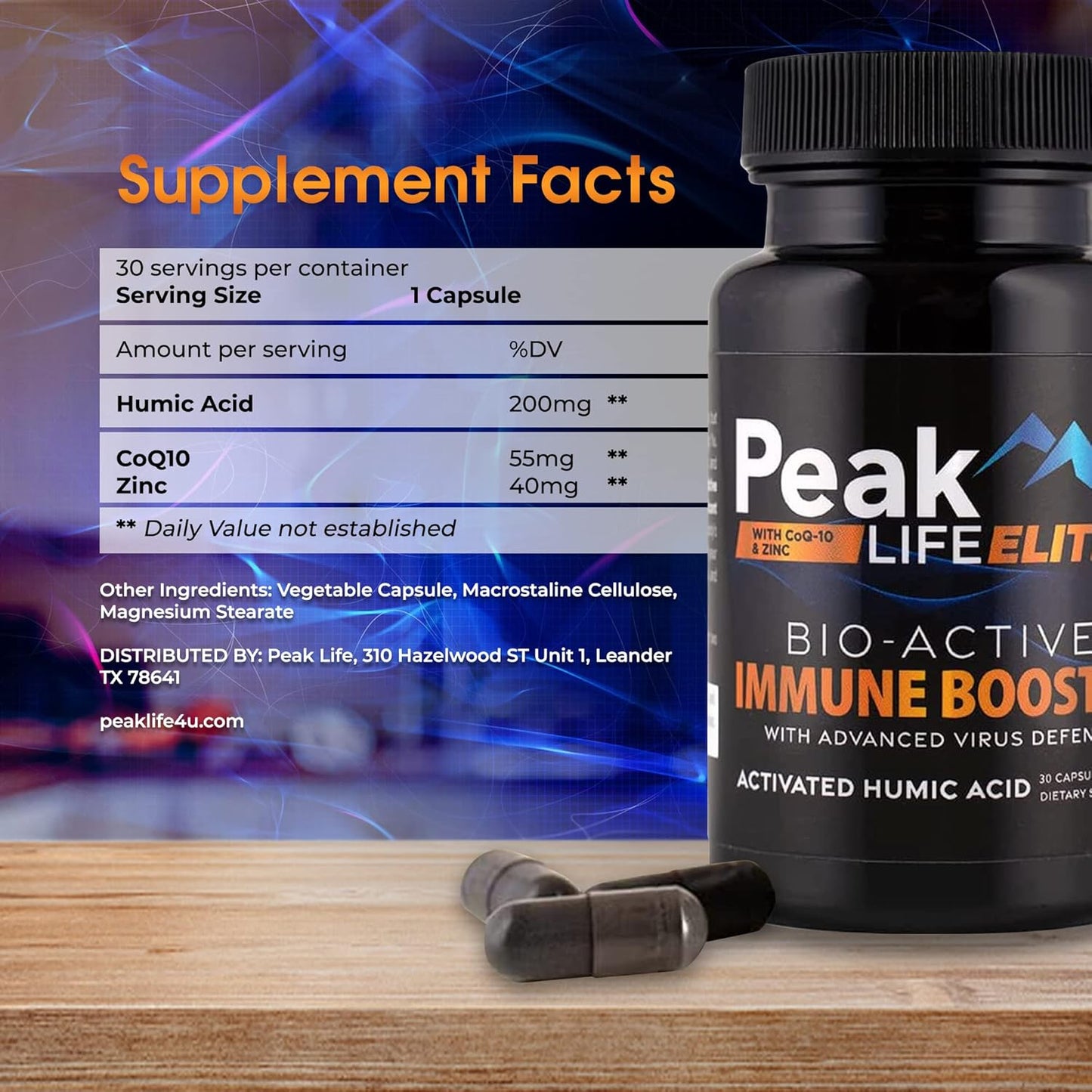 Peak Life Elite Immune Defense 3-in-1 Supplement for Daily Energy & Health - Multimineral Vitamins with Humic Acid, Zinc, CoQ10, and Trace Minerals - 30 Capsules