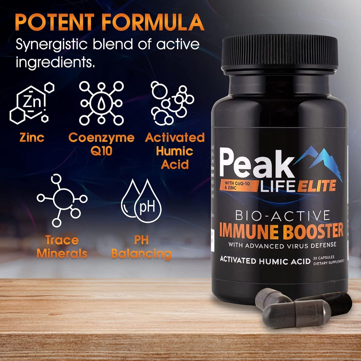 Peak Life Elite Immune Defense 3-in-1 Supplement for Daily Energy & Health - Multimineral Vitamins with Humic Acid, Zinc, CoQ10, and Trace Minerals - 30 Capsules