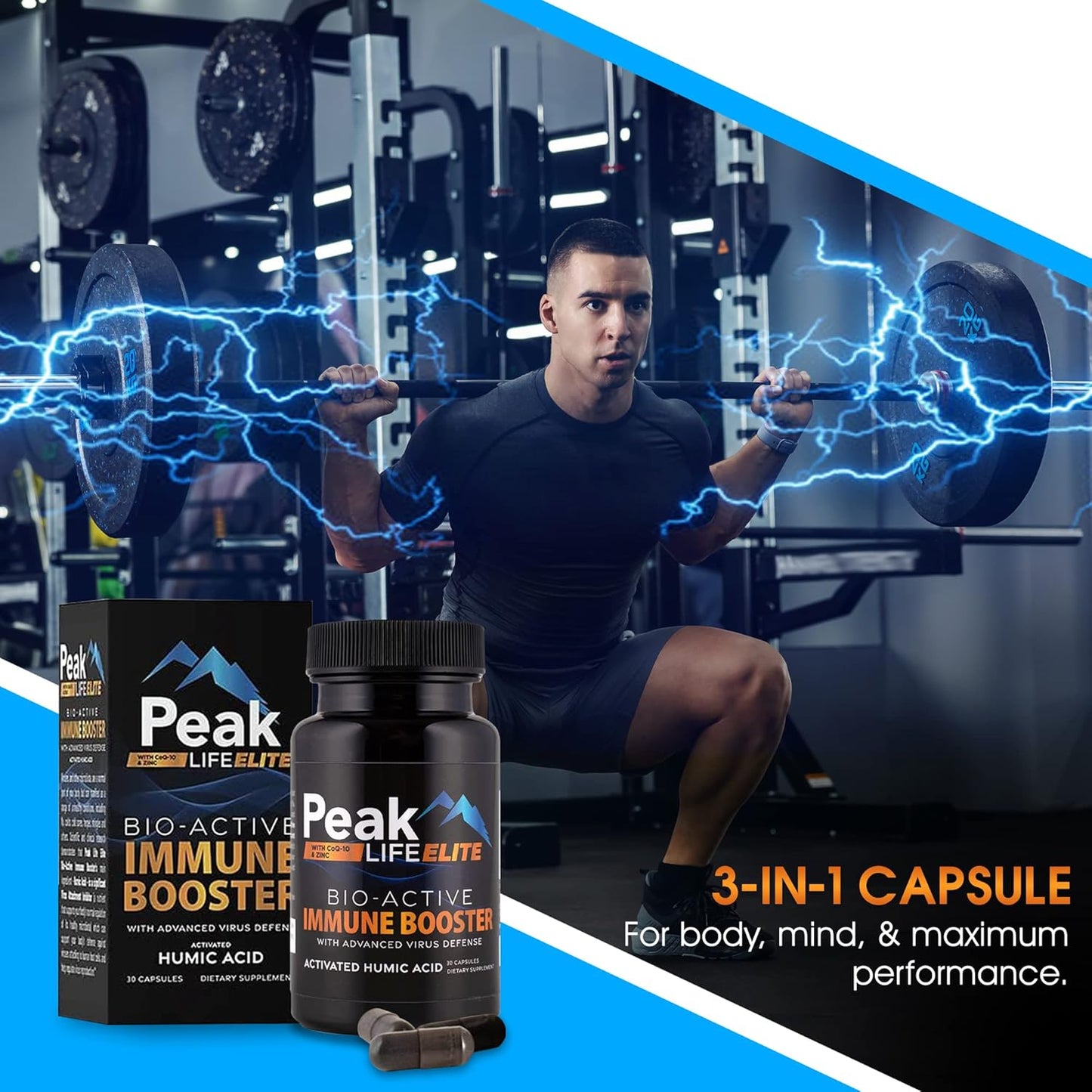 Peak Life Elite Immune Defense 3-in-1 Supplement for Daily Energy & Health - Multimineral Vitamins with Humic Acid, Zinc, CoQ10, and Trace Minerals - 30 Capsules