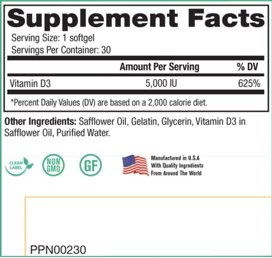 Peak Pure & Natural Peak D3 - 5,000 IU Vitamin D3 Capsules for Immune & Heart Health - Energy Boost - 30 Count