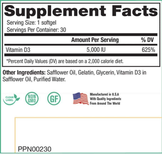 Peak Pure & Natural Peak D3 - 5,000 IU Vitamin D3 Capsules for Immune & Heart Health - Energy Boost - 30 Count