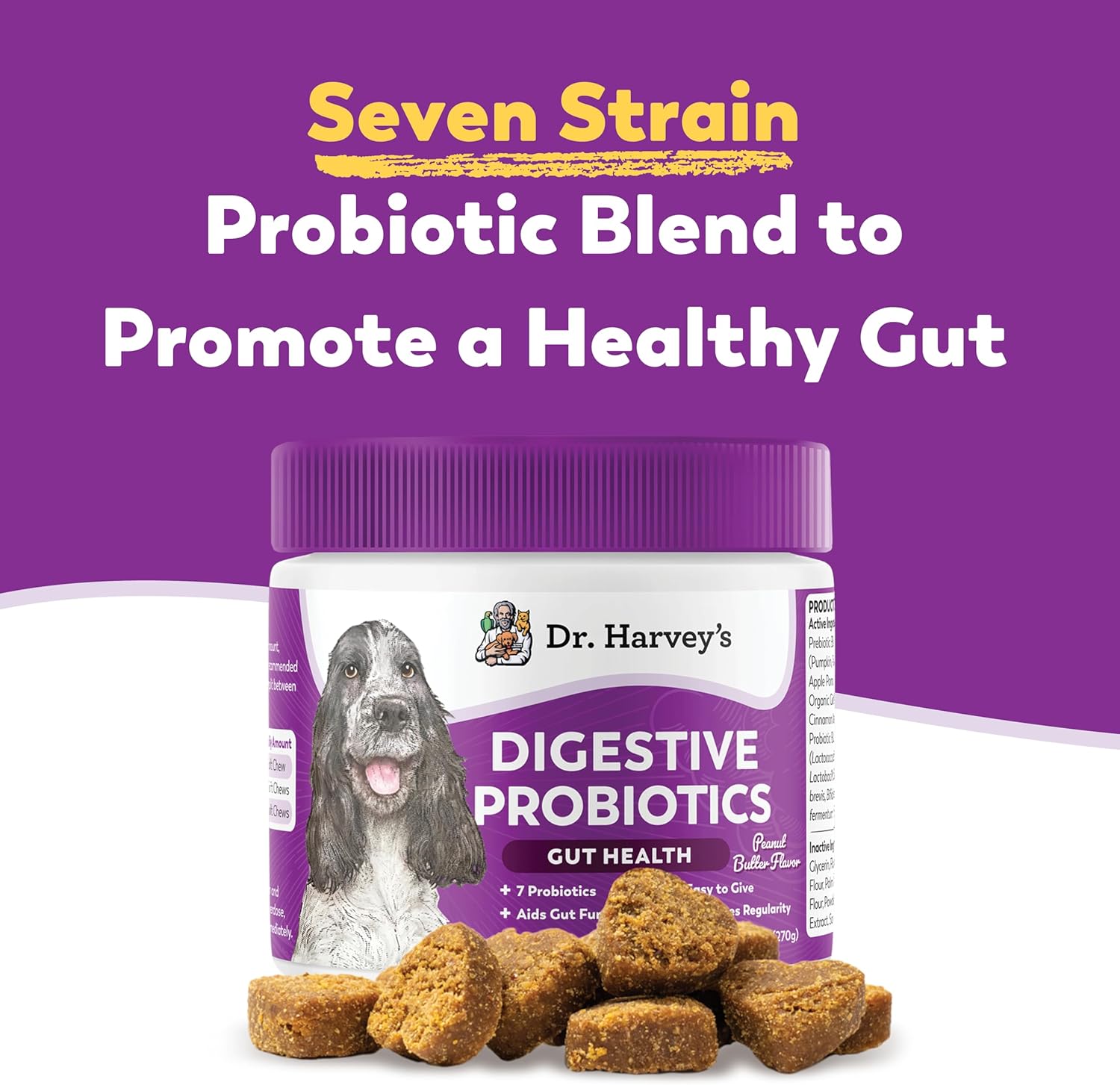 Peanut Butter Flavored Dog Probiotic Soft Chews with 7 Probiotics for Digestive Health and Bowel Support - 90 Chews