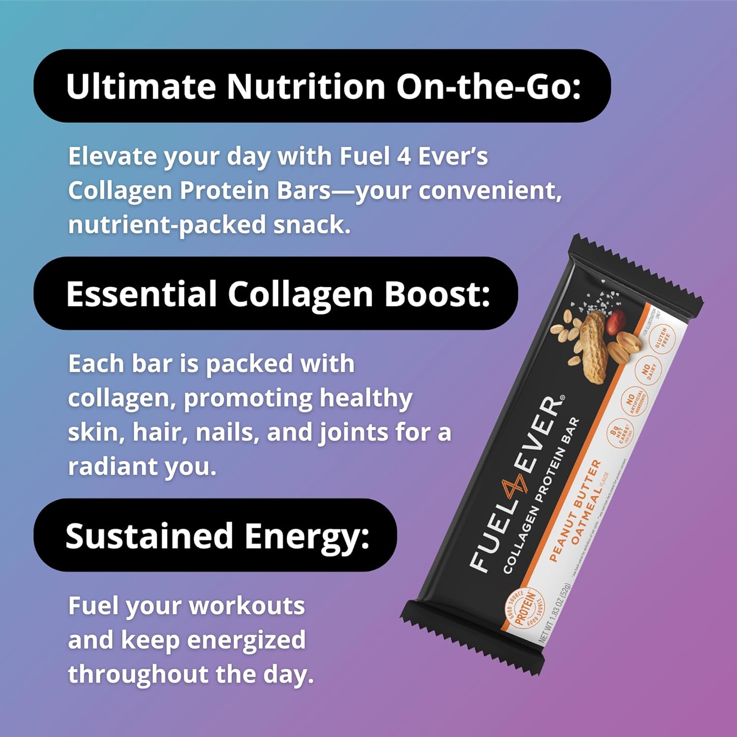 Peanut Butter Oatmeal Collagen Protein Bars - Fuel 4 Ever, 14g Protein, MCT Oil, Low Carb, High Fiber, No Artificial Ingredients
