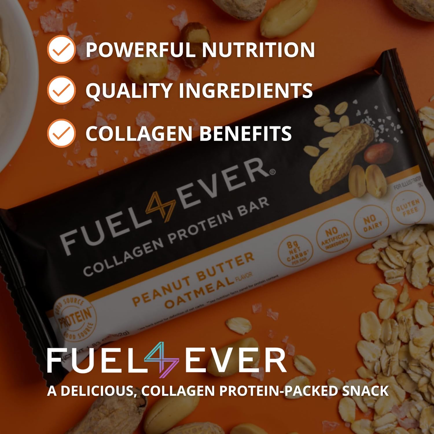 Peanut Butter Oatmeal Collagen Protein Bars - Fuel 4 Ever, 14g Protein, MCT Oil, Low Carb, High Fiber, No Artificial Ingredients