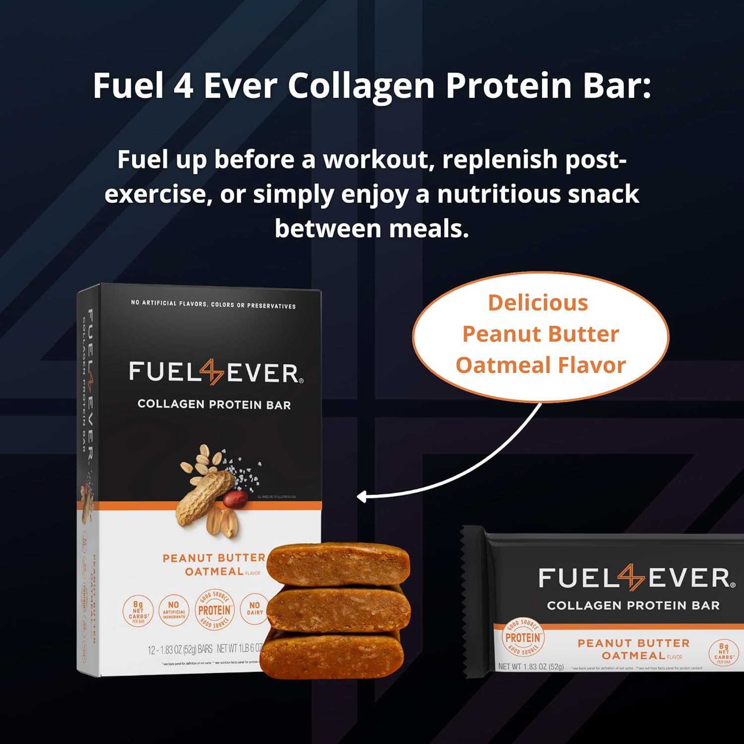 Peanut Butter Oatmeal Collagen Protein Bars - Fuel 4 Ever, 14g Protein, MCT Oil, Low Carb, High Fiber, No Artificial Ingredients