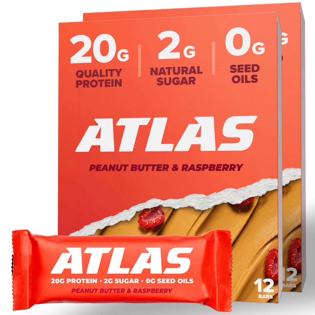 Peanut Butter Raspberry Atlas Protein Bars - 20g Protein, 1g Sugar, Clean Ingredients, Gluten Free - 12 Count x 2 Pack